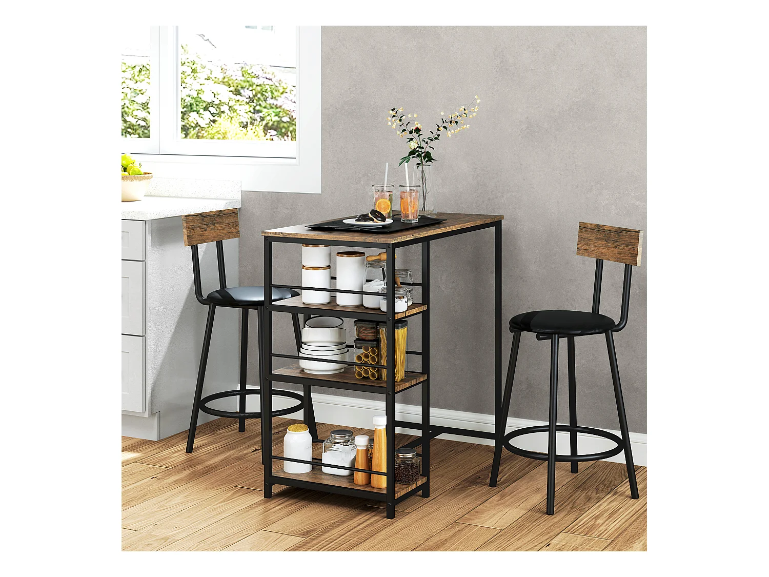 Ensemble Bar avec Tabourets, 3 pièces, design moderne, acier, chêne, avec 3 étagères et 2 chaises (90x50x90.5 cm)