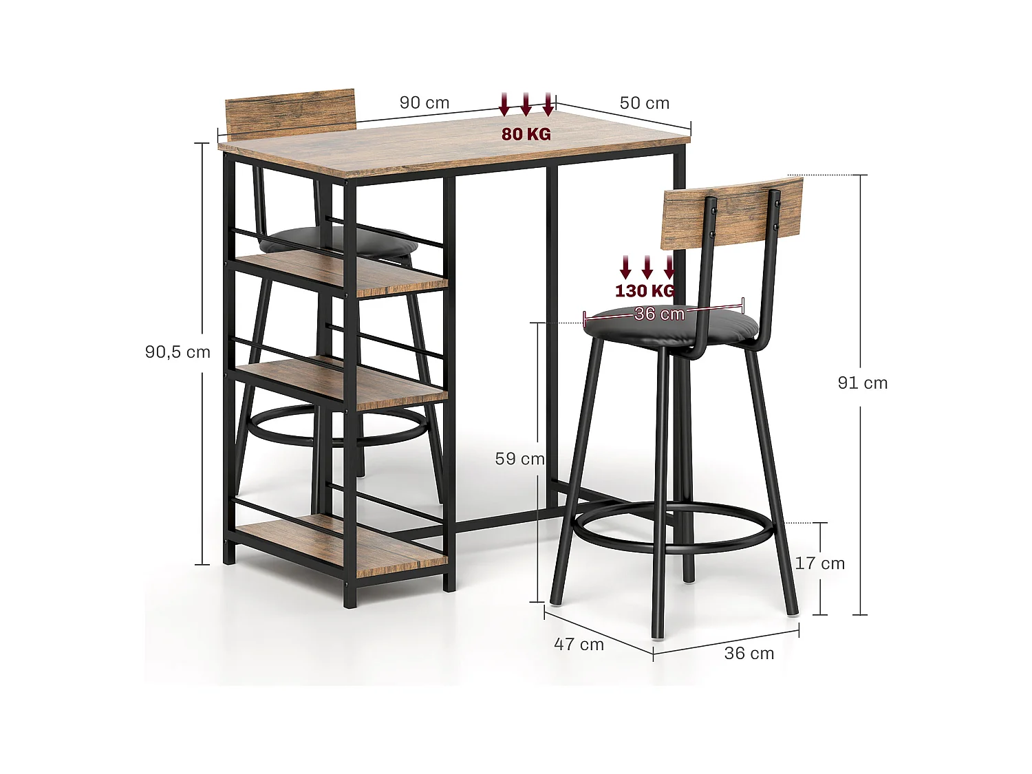 Ensemble Bar avec Tabourets, 3 pièces, design moderne, acier, chêne, avec 3 étagères et 2 chaises (90x50x90.5 cm)