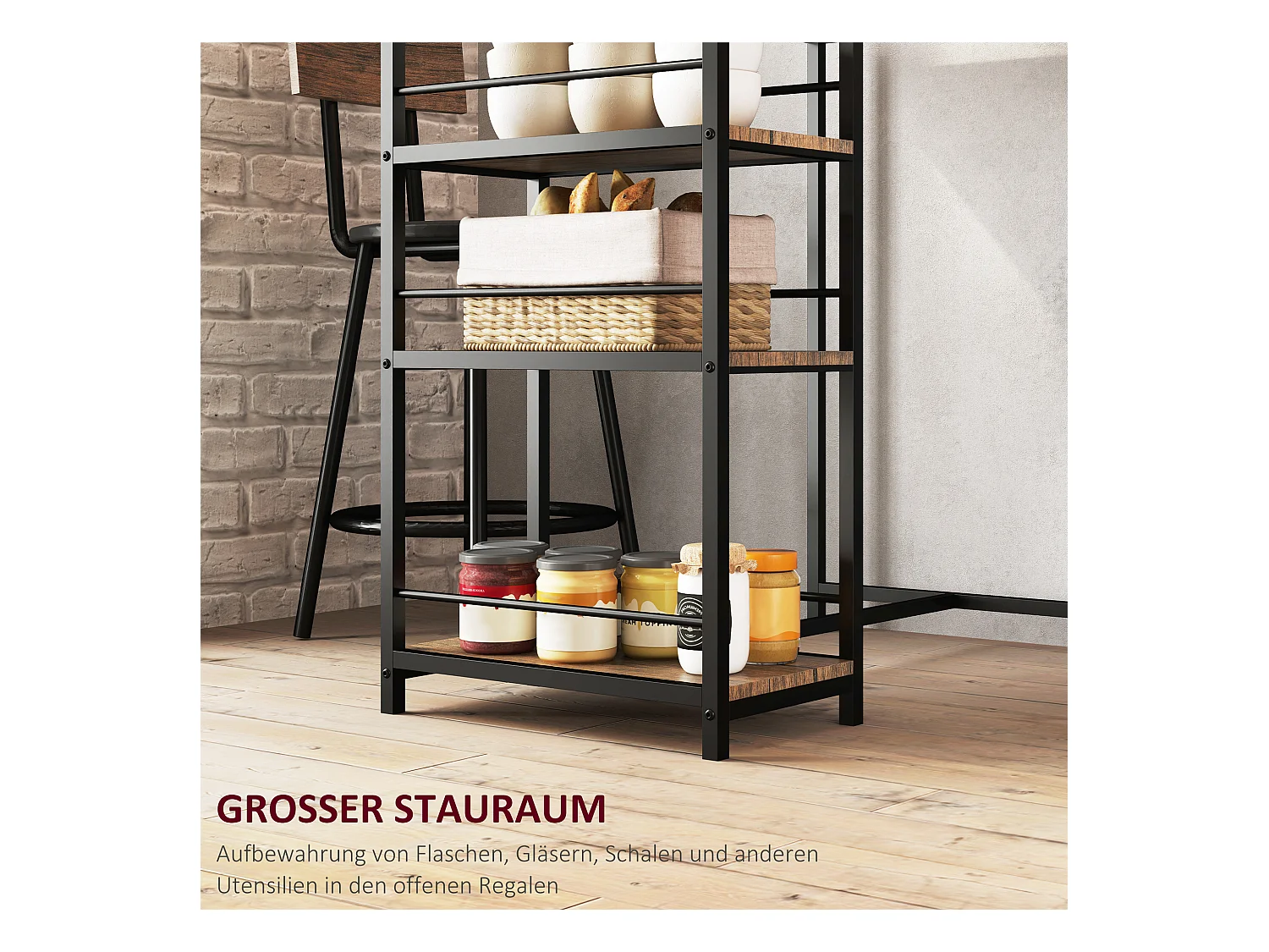 Ensemble Bar avec Tabourets, 3 pièces, design moderne, acier, chêne, avec 3 étagères et 2 chaises (90x50x90.5 cm)