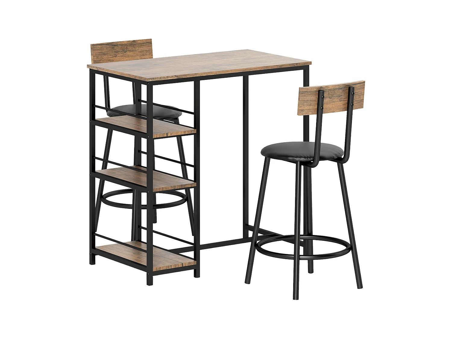 Barset met krukken, 3-delig, modern design, staal, eikenhout, met 3 planken en 2 stoelen (90x50x90,5 cm)