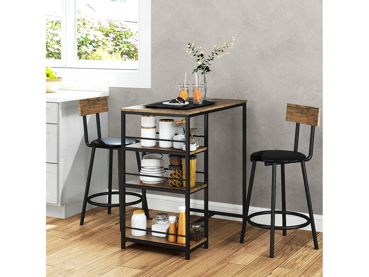 Ensemble Bar avec Tabourets, 3 pièces, design moderne, acier, chêne, avec 3 étagères et 2 chaises (90x50x90.5 cm)