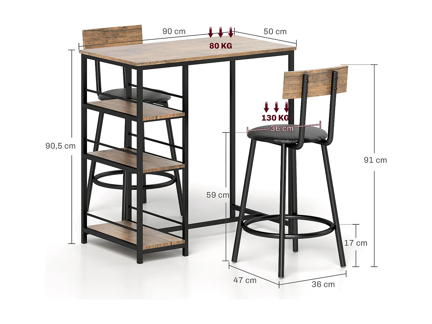Ensemble Bar avec Tabourets, 3 pièces, design moderne, acier, chêne, avec 3 étagères et 2 chaises (90x50x90.5 cm)
