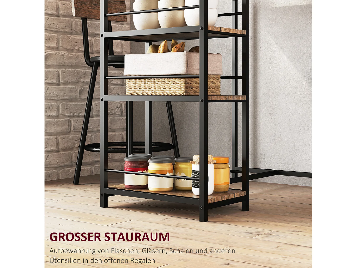 Ensemble Bar avec Tabourets, 3 pièces, design moderne, acier, chêne, avec 3 étagères et 2 chaises (90x50x90.5 cm)