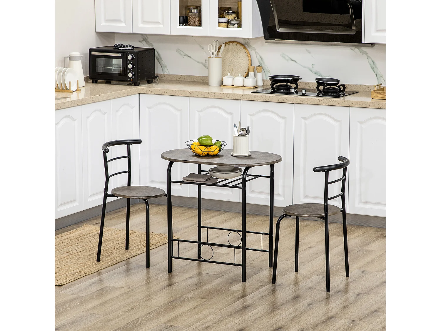 Ensemble Bistro avec table et 2 chaises, design minimaliste, métal et MDF, noir (80x53x74.5 cm)