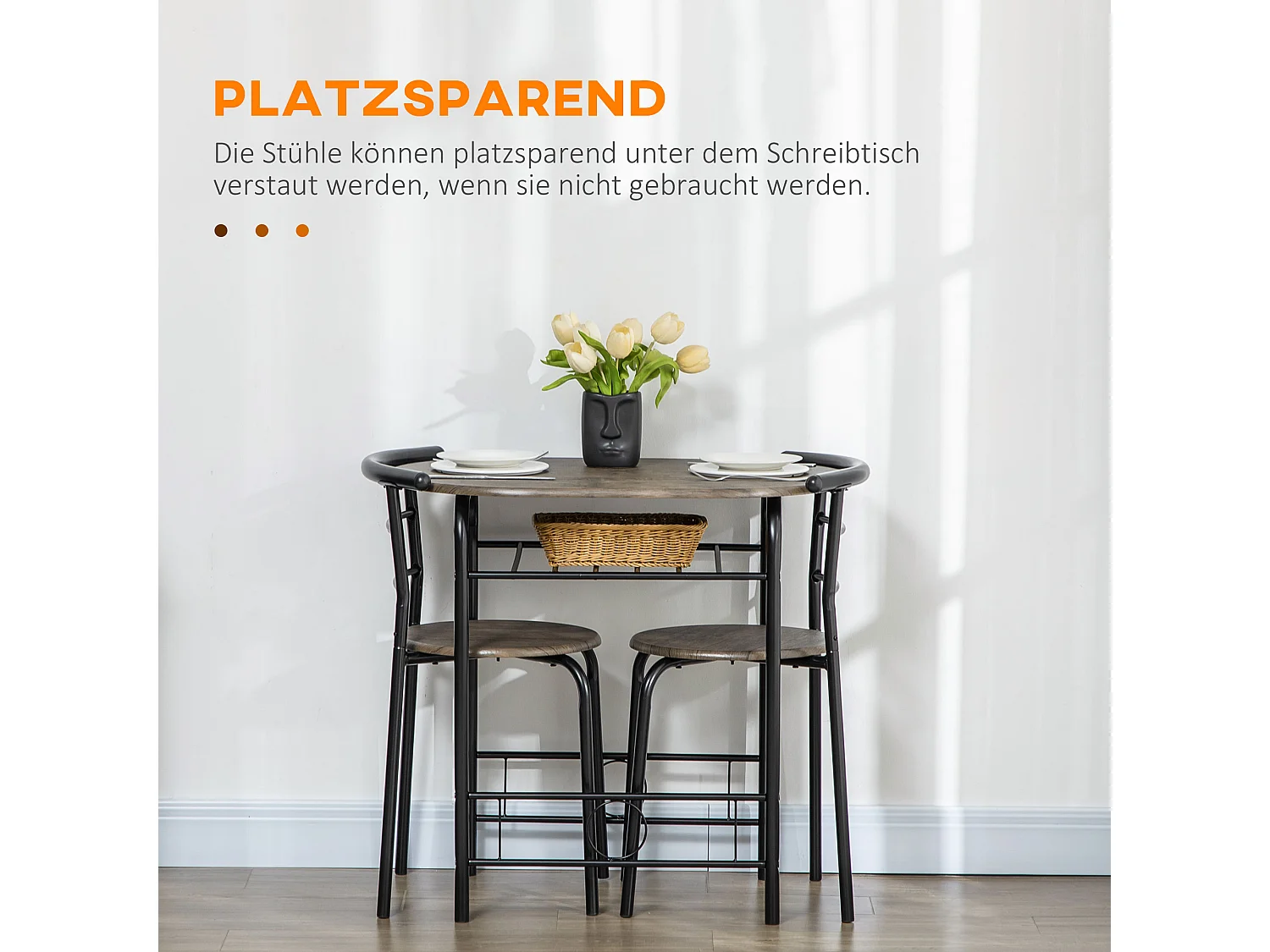 Ensemble Bistro avec table et 2 chaises, design minimaliste, métal et MDF, noir (80x53x74.5 cm)