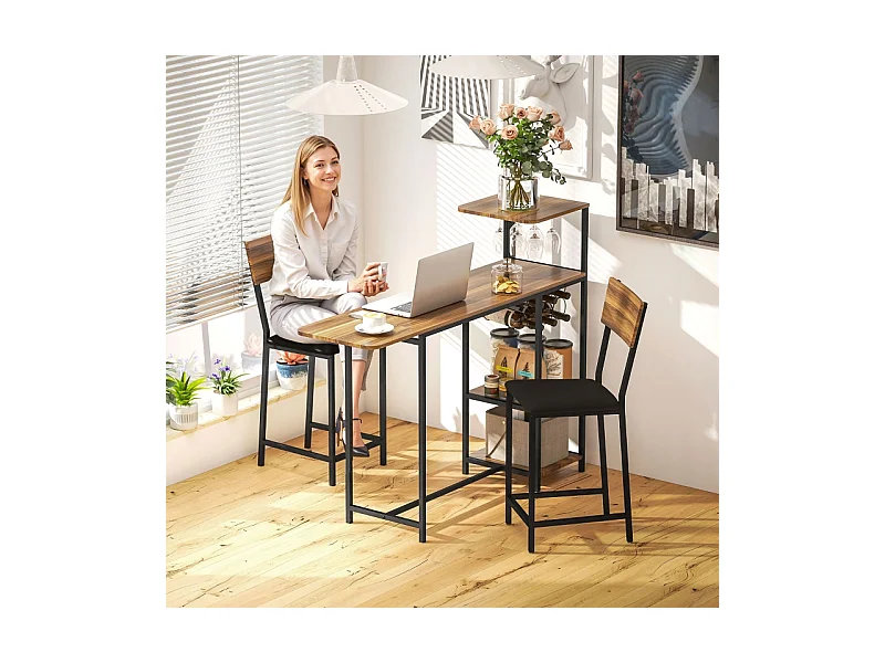 Set de table de bar avec 2 tabourets, table rabattable, porte-verre, acier, bois, marron (91x40x116 cm)