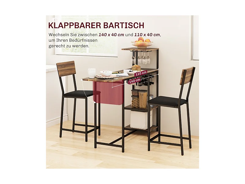Set de table de bar avec 2 tabourets, table rabattable, porte-verre, acier, bois, marron (91x40x116 cm)