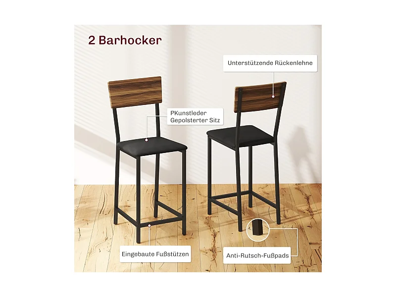 Set de table de bar avec 2 tabourets, table rabattable, porte-verre, acier, bois, marron (91x40x116 cm)