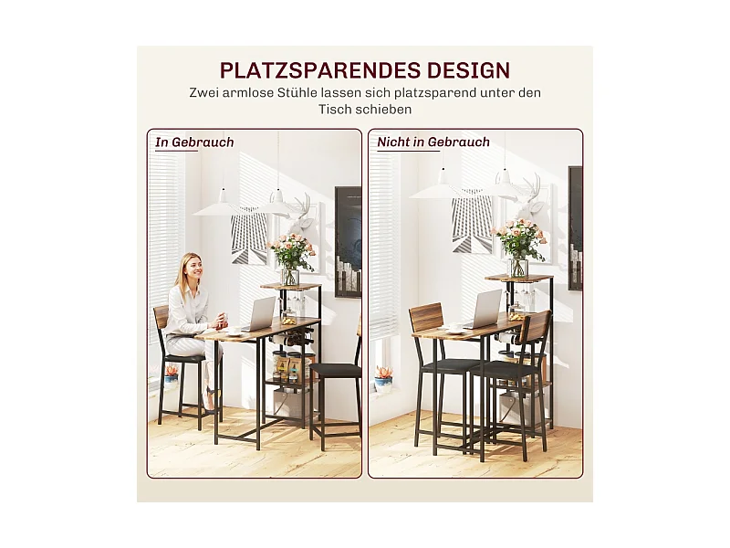 Set de table de bar avec 2 tabourets, table rabattable, porte-verre, acier, bois, marron (91x40x116 cm)