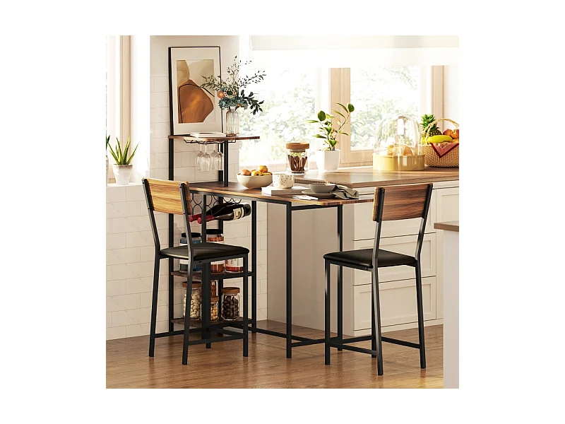 Set de table de bar avec 2 tabourets, table rabattable, porte-verre, acier, bois, marron (91x40x116 cm)