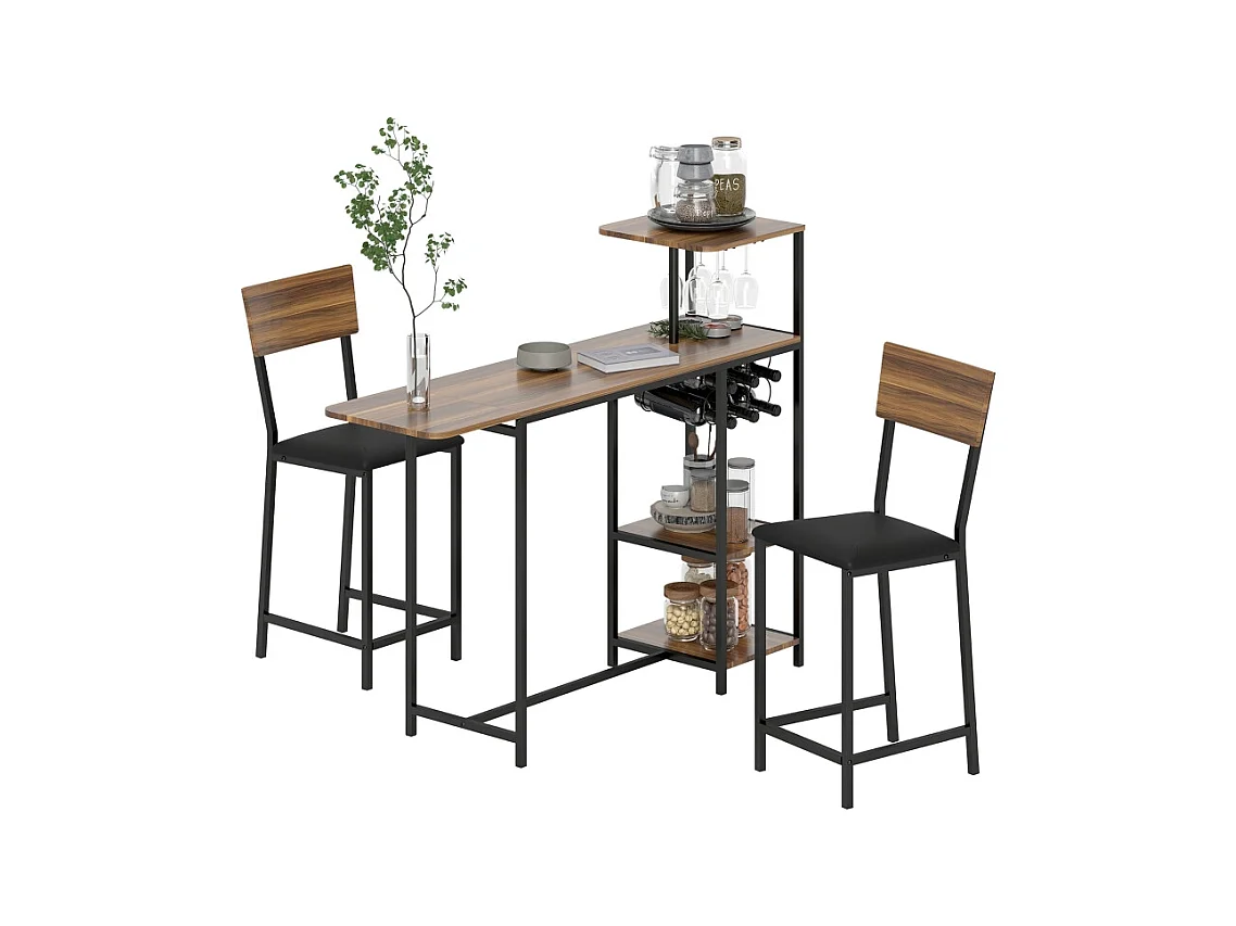Set de table de bar avec 2 tabourets, table rabattable, porte-verre, acier, bois, marron (91x40x116 cm)