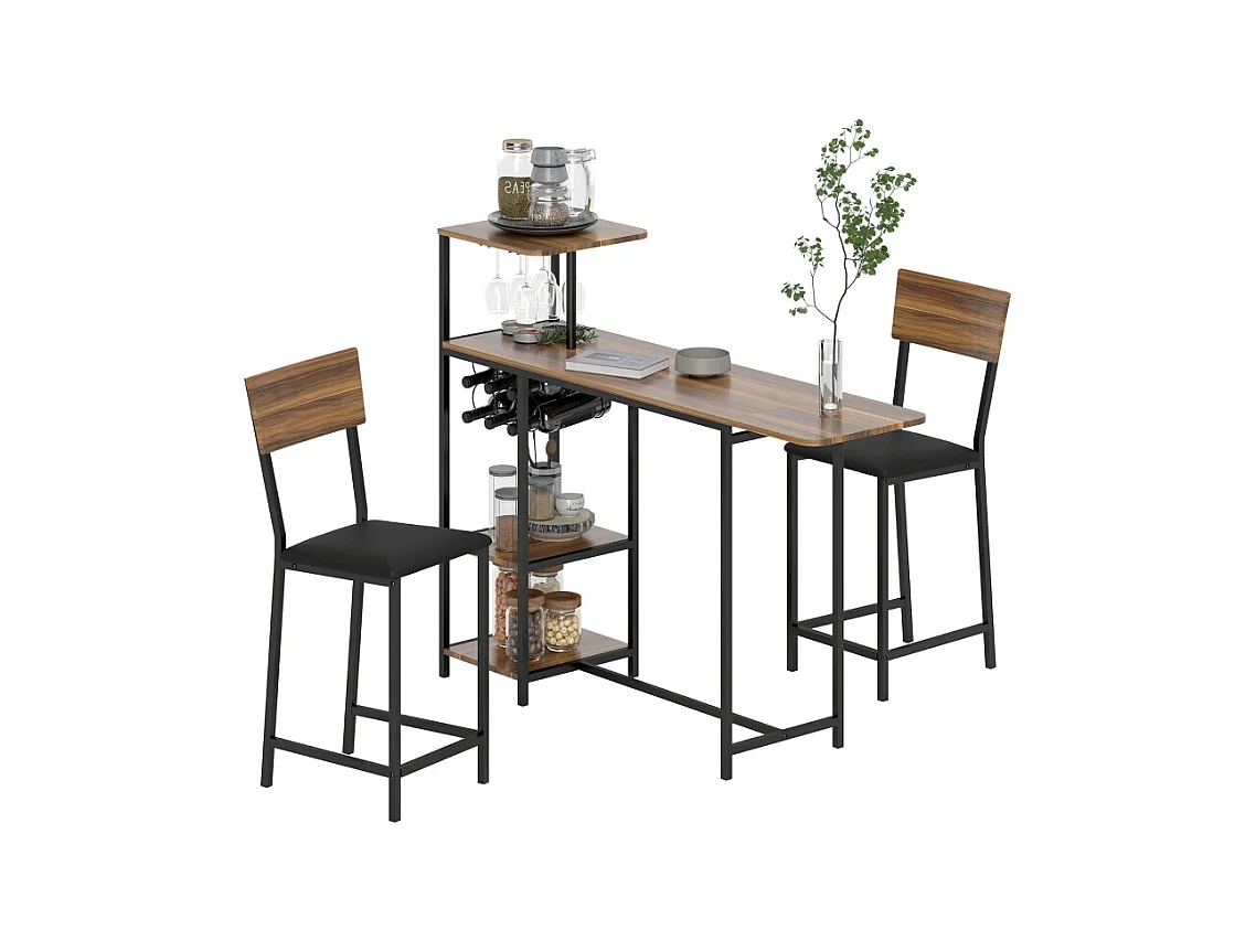Set de table de bar avec 2 tabourets, table rabattable, porte-verre, acier, bois, marron (91x40x116 cm)