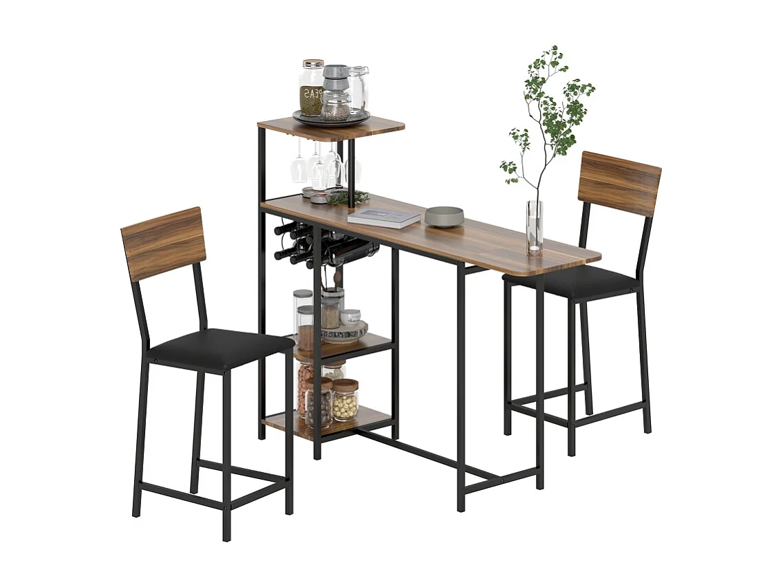 Set de table de bar avec 2 tabourets, table rabattable, porte-verre, acier, bois, marron (91x40x116 cm)