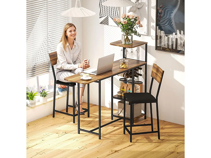 Set de table de bar avec 2 tabourets, table rabattable, porte-verre, acier, bois, marron (91x40x116 cm)