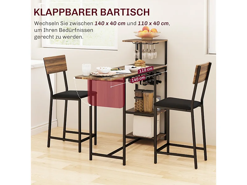 Set de table de bar avec 2 tabourets, table rabattable, porte-verre, acier, bois, marron (91x40x116 cm)