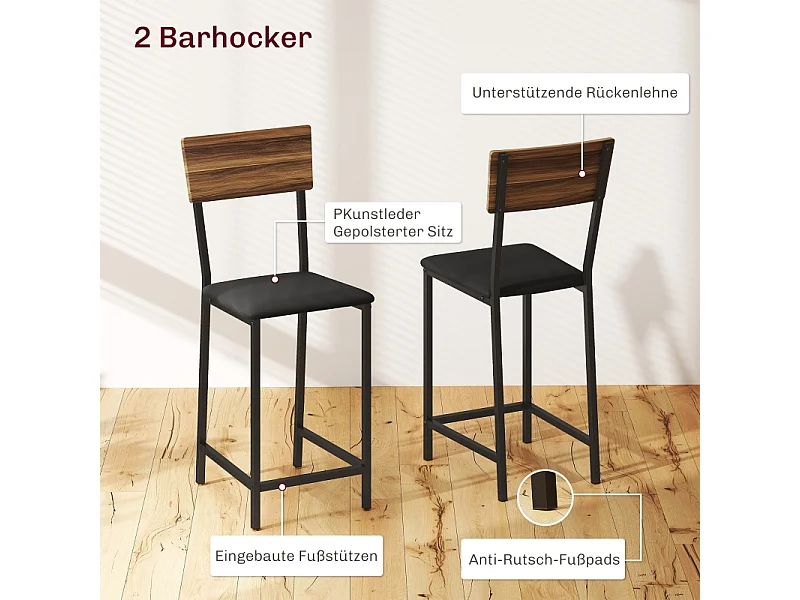 Set de table de bar avec 2 tabourets, table rabattable, porte-verre, acier, bois, marron (91x40x116 cm)