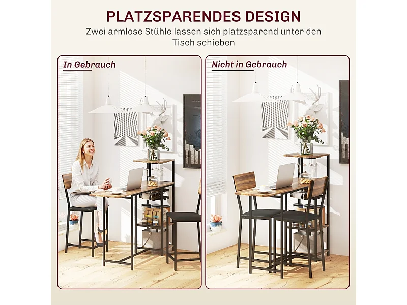 Set de table de bar avec 2 tabourets, table rabattable, porte-verre, acier, bois, marron (91x40x116 cm)