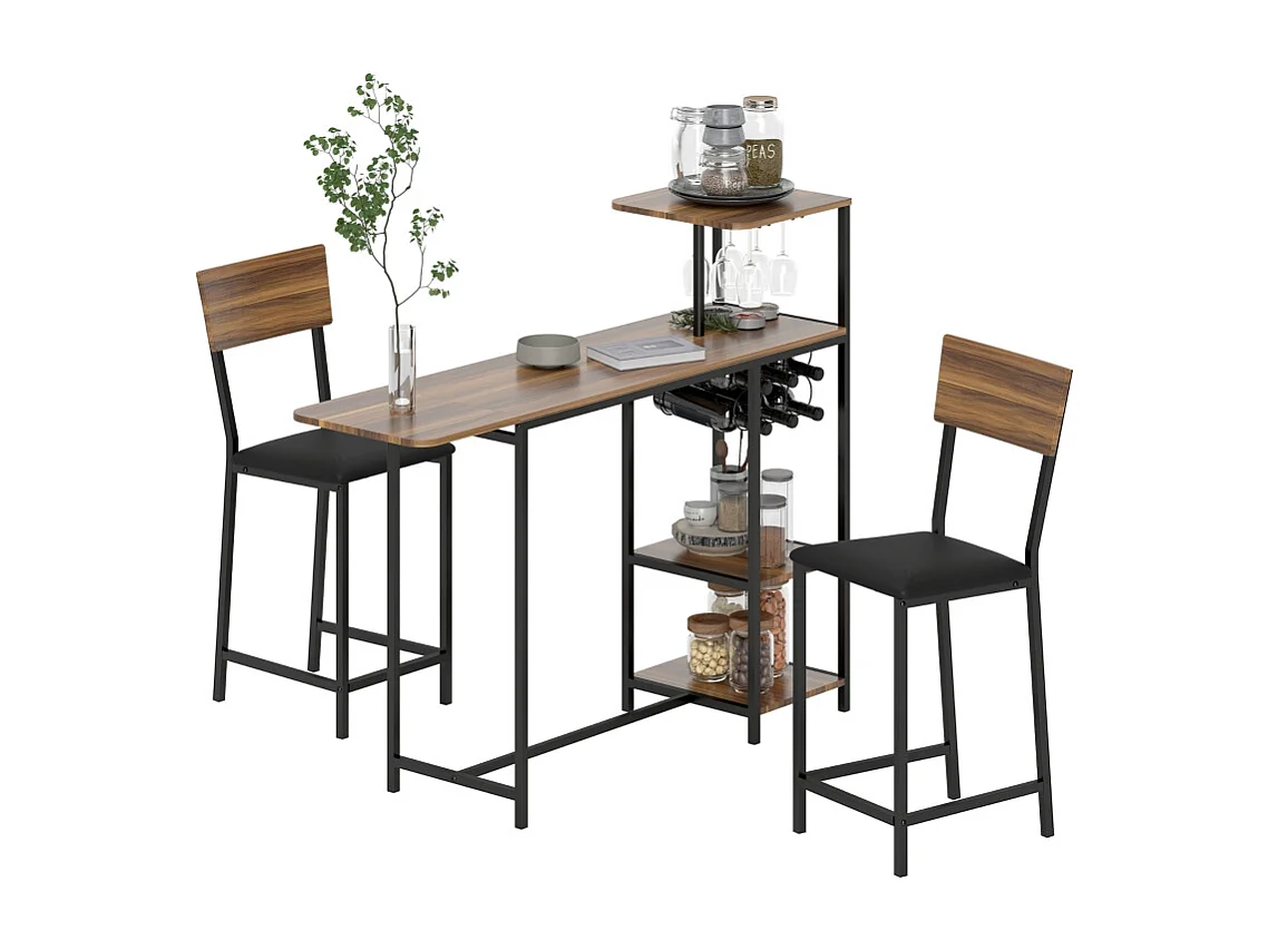 Set de table de bar avec 2 tabourets, table rabattable, porte-verre, acier, bois, marron (91x40x116 cm)