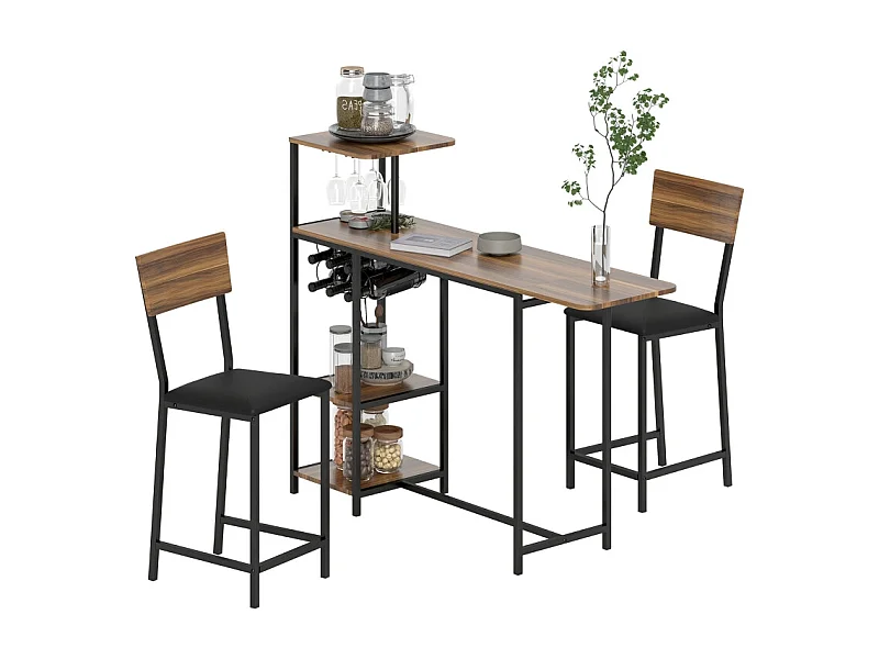 Set de table de bar avec 2 tabourets, table rabattable, porte-verre, acier, bois, marron (91x40x116 cm)