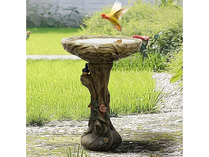 Fontaine à oiseaux en béton, design bois, avec oiseau décoratif (45.5x45.5x65 cm)
