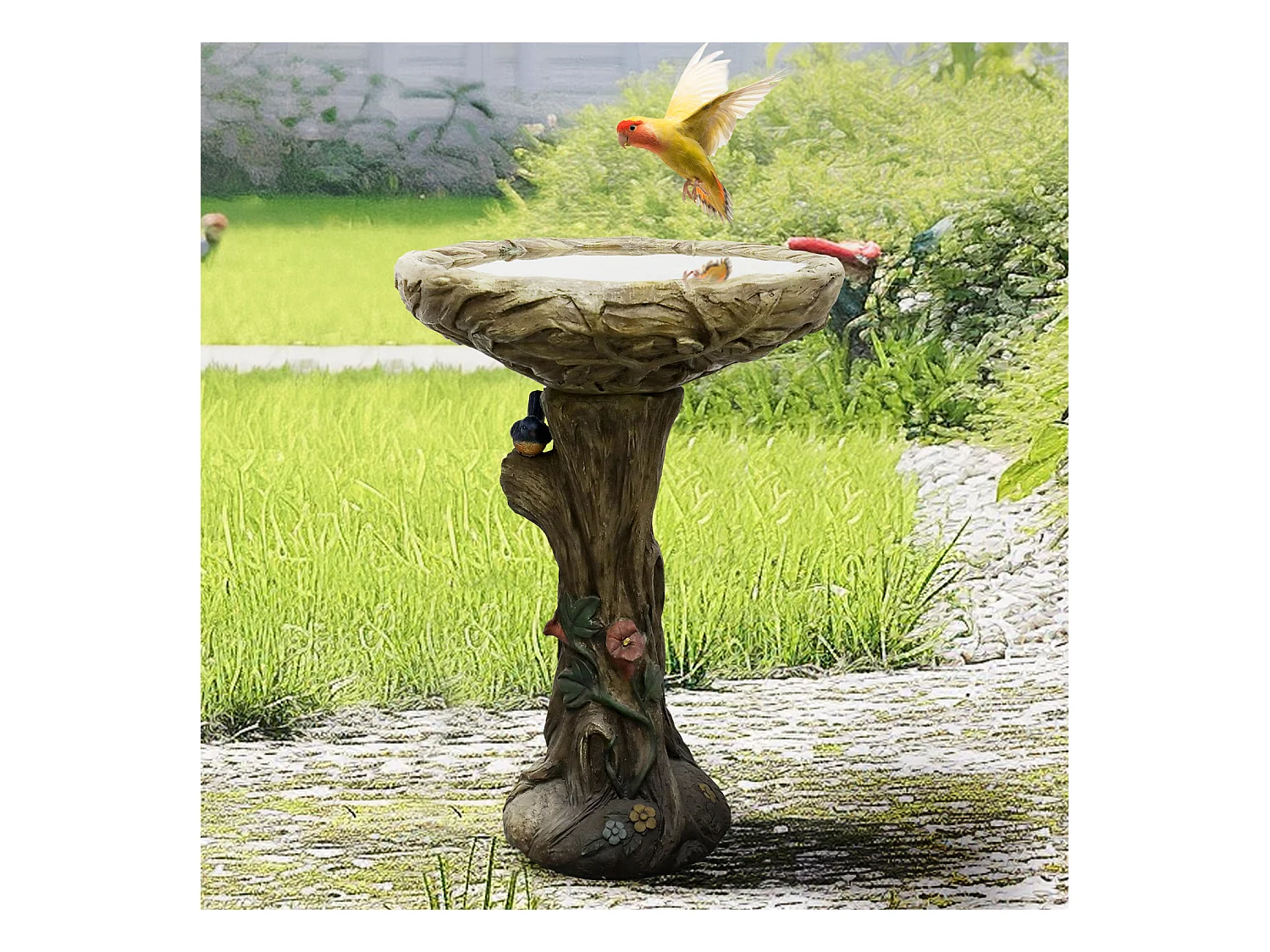 Fontaine à oiseaux en béton, design bois, avec oiseau décoratif (45.5x45.5x65 cm)