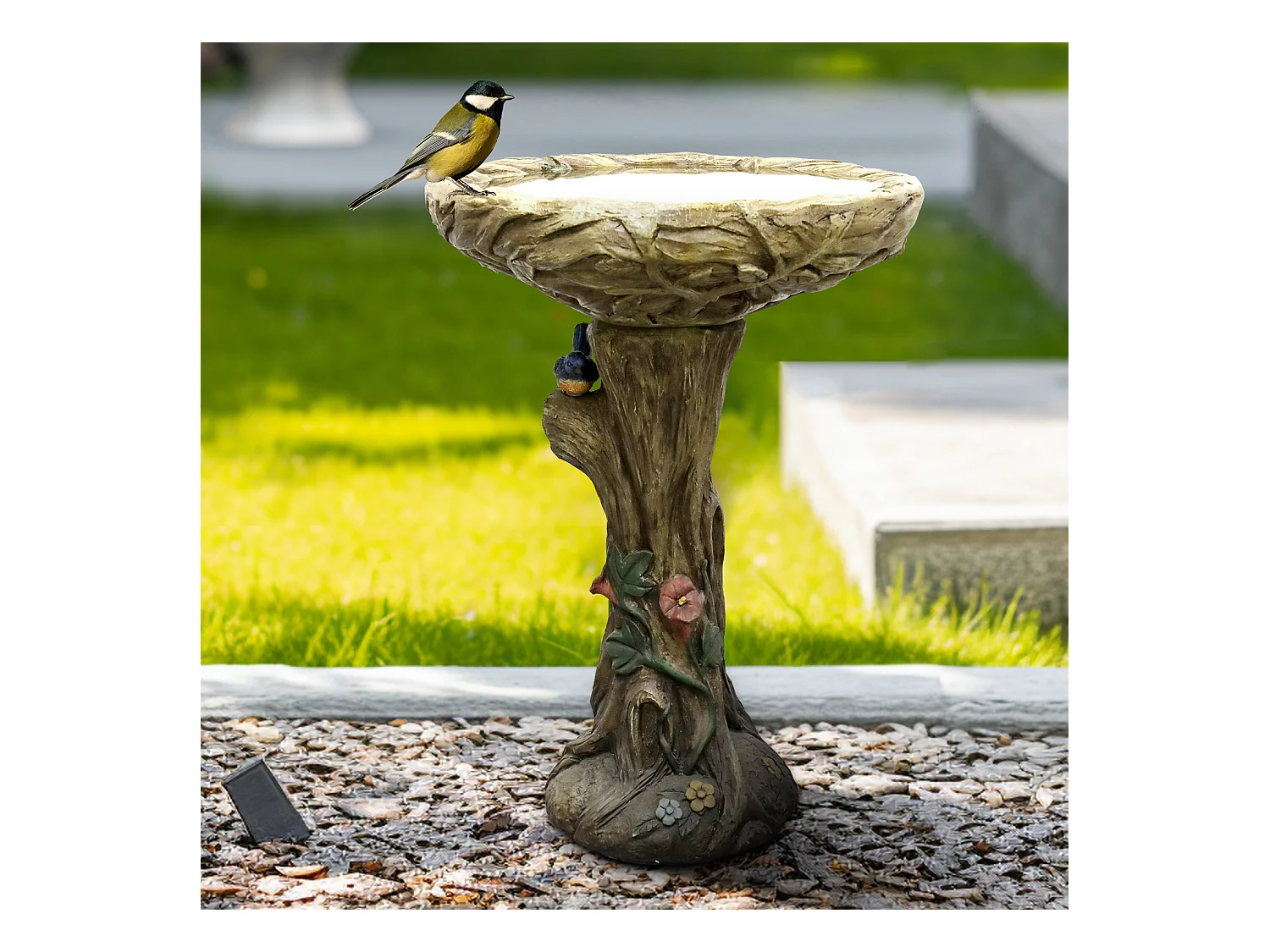 Fontaine à oiseaux en béton, design bois, avec oiseau décoratif (45.5x45.5x65 cm)