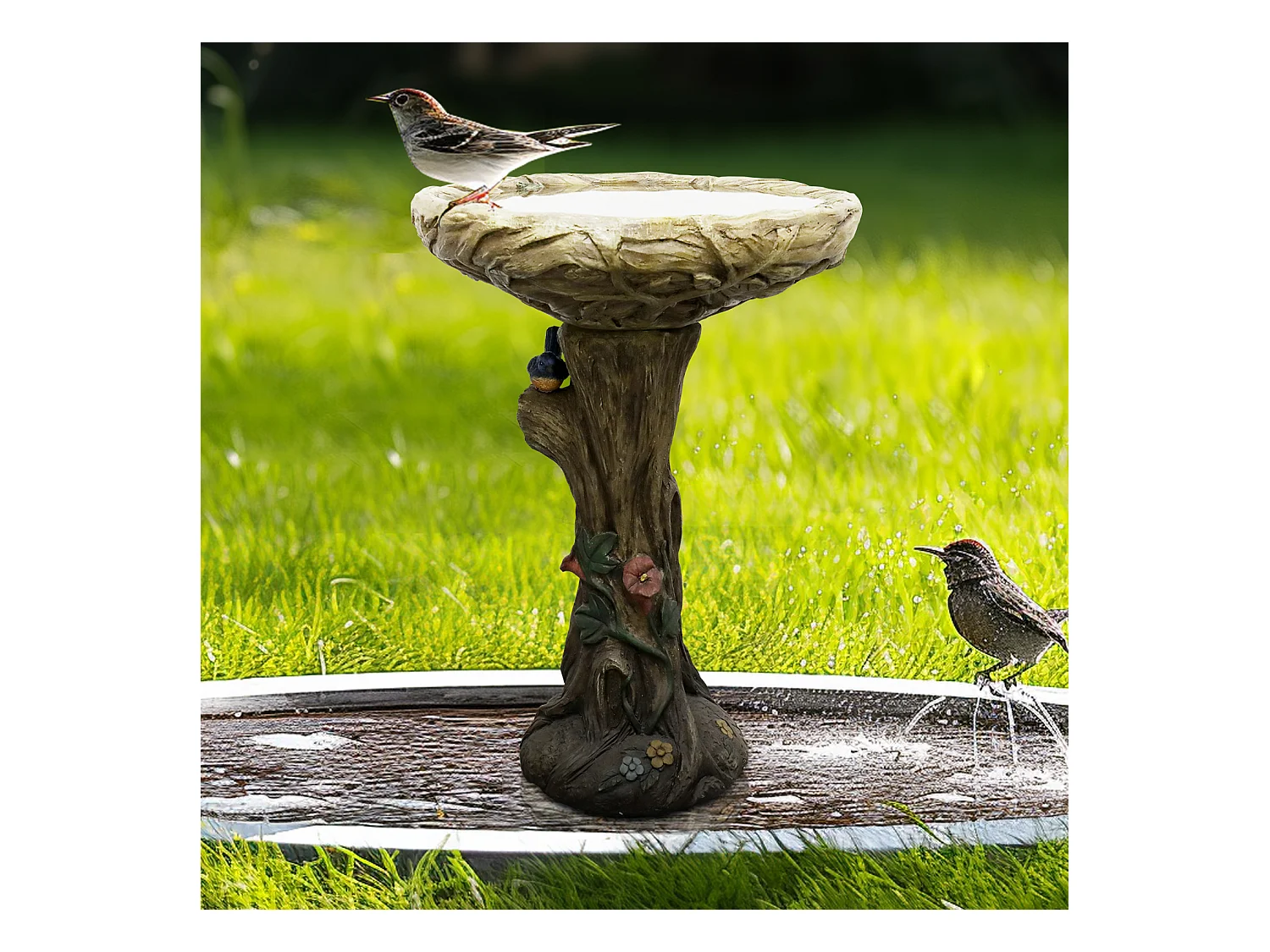 Fontaine à oiseaux en béton, design bois, avec oiseau décoratif (45.5x45.5x65 cm)