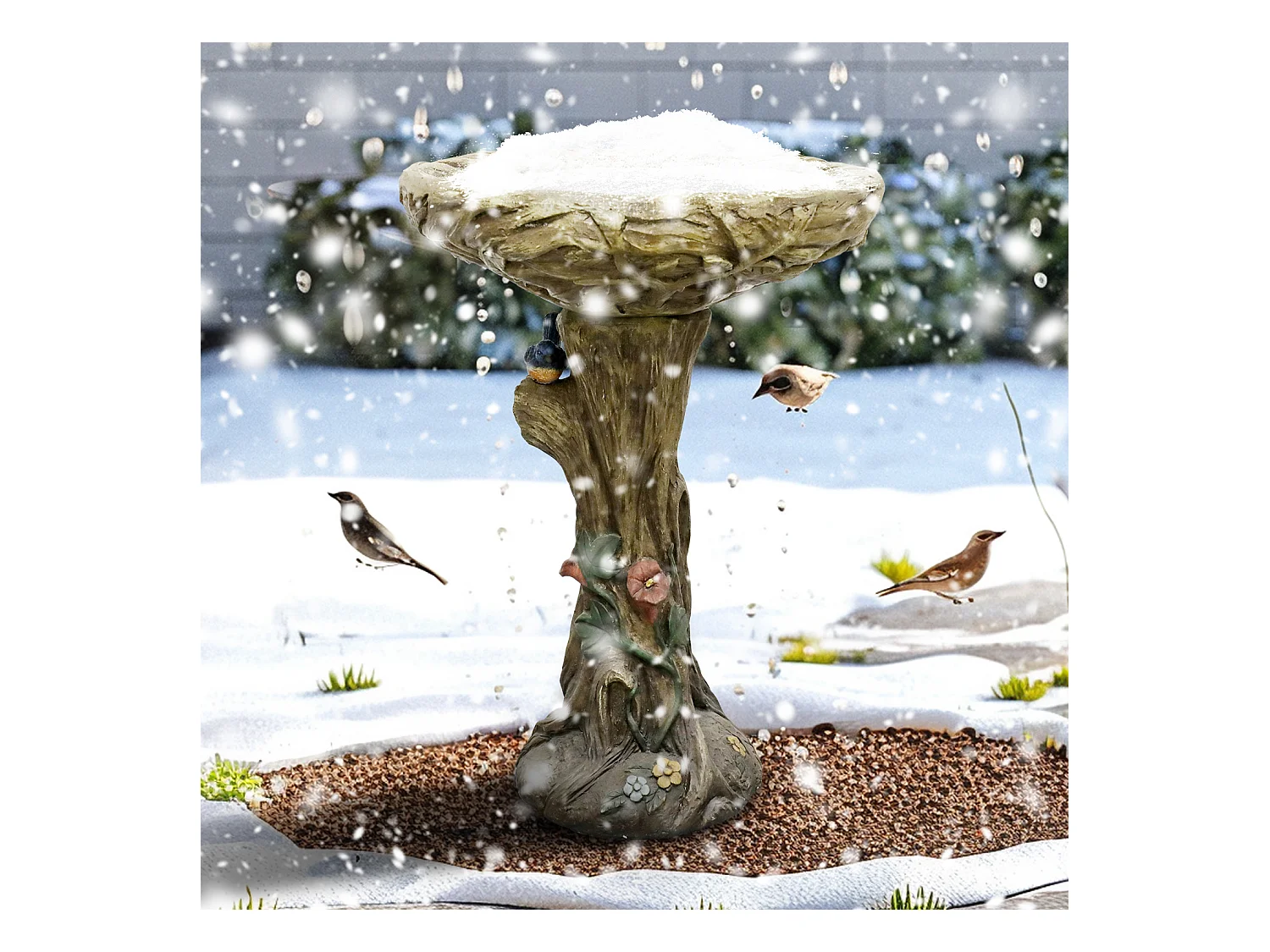 Fontaine à oiseaux en béton, design bois, avec oiseau décoratif (45.5x45.5x65 cm)