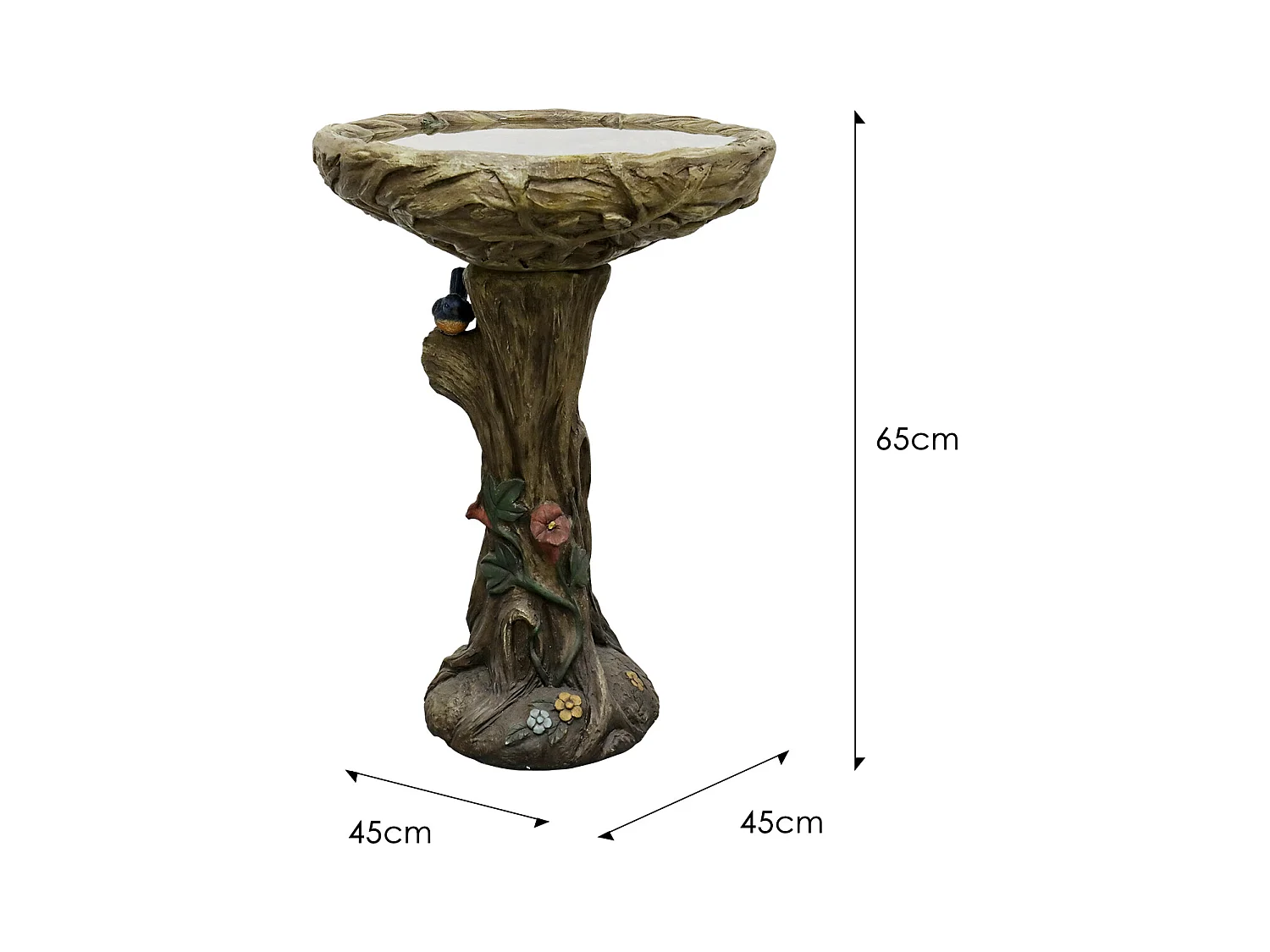 Fontaine à oiseaux en béton, design bois, avec oiseau décoratif (45.5x45.5x65 cm)