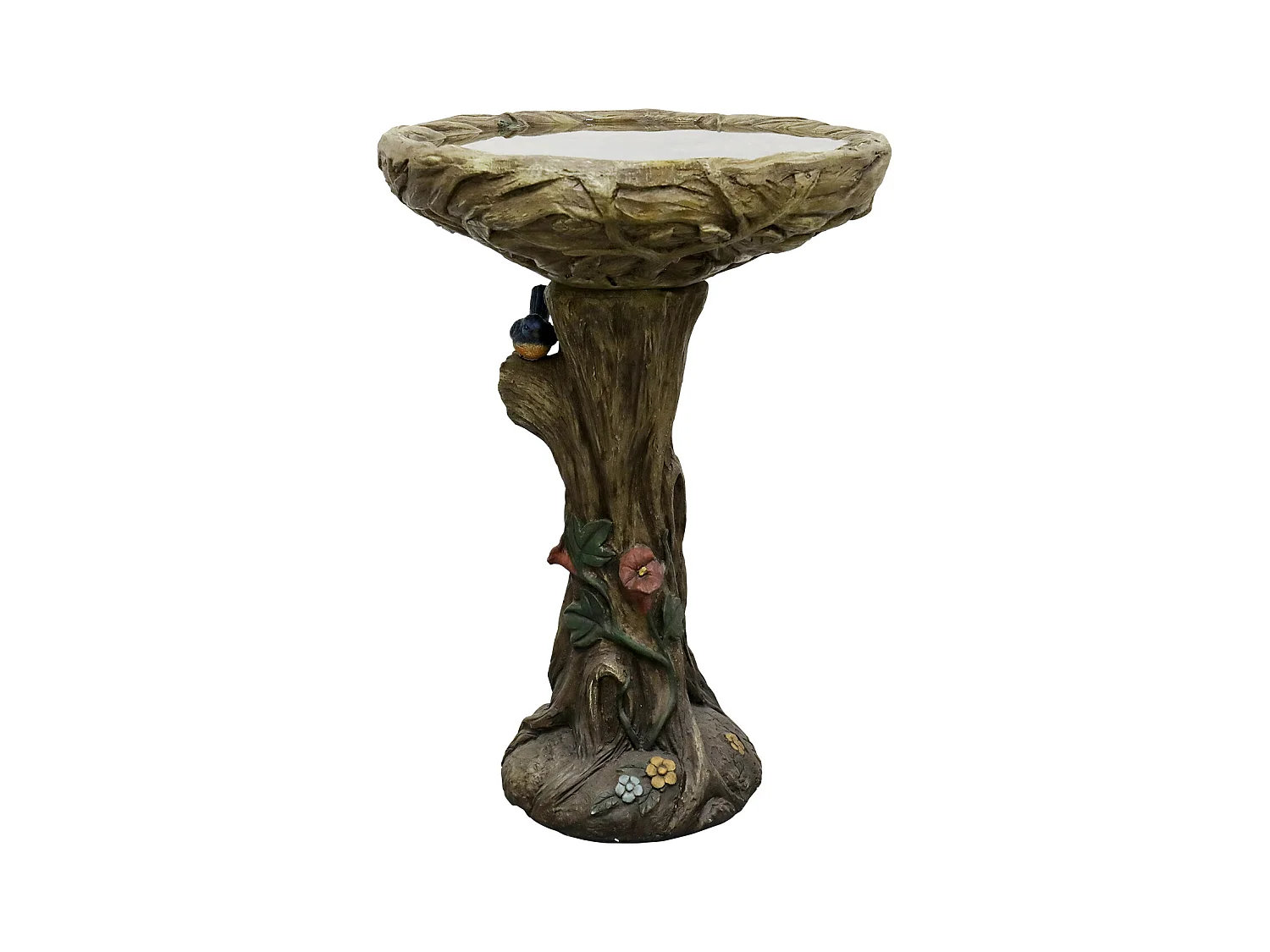 Fontaine à oiseaux en béton, design bois, avec oiseau décoratif (45.5x45.5x65 cm)