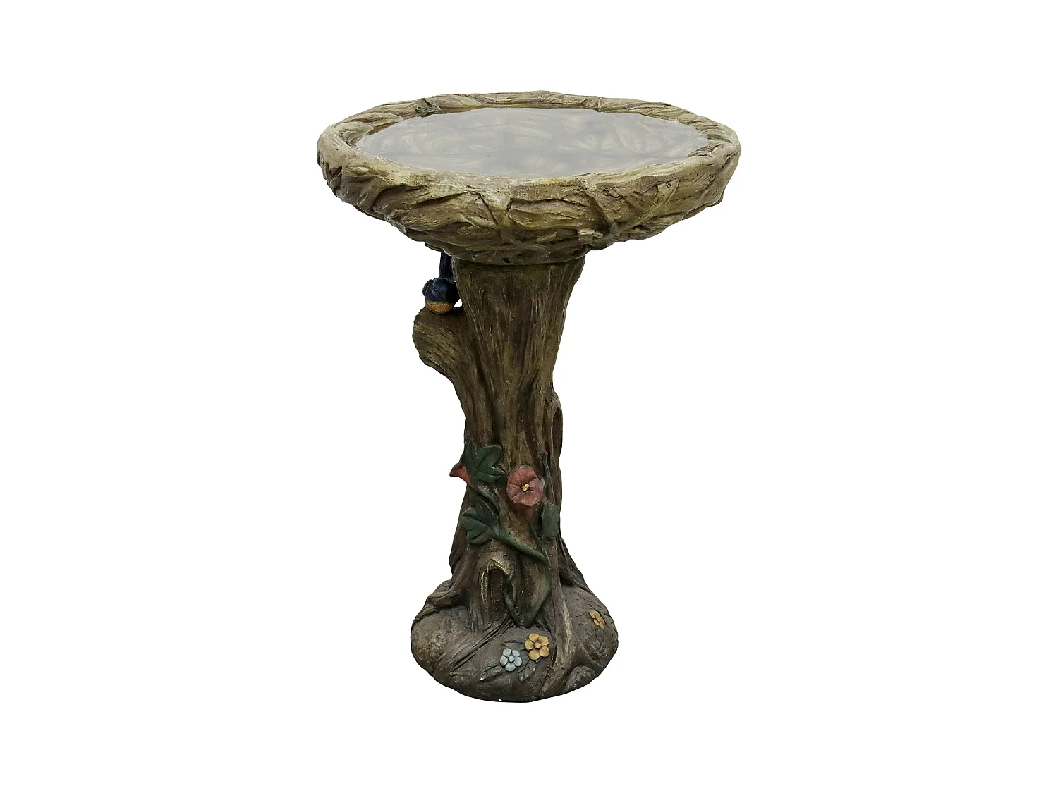 Fontaine à oiseaux en béton, design bois, avec oiseau décoratif (45.5x45.5x65 cm)