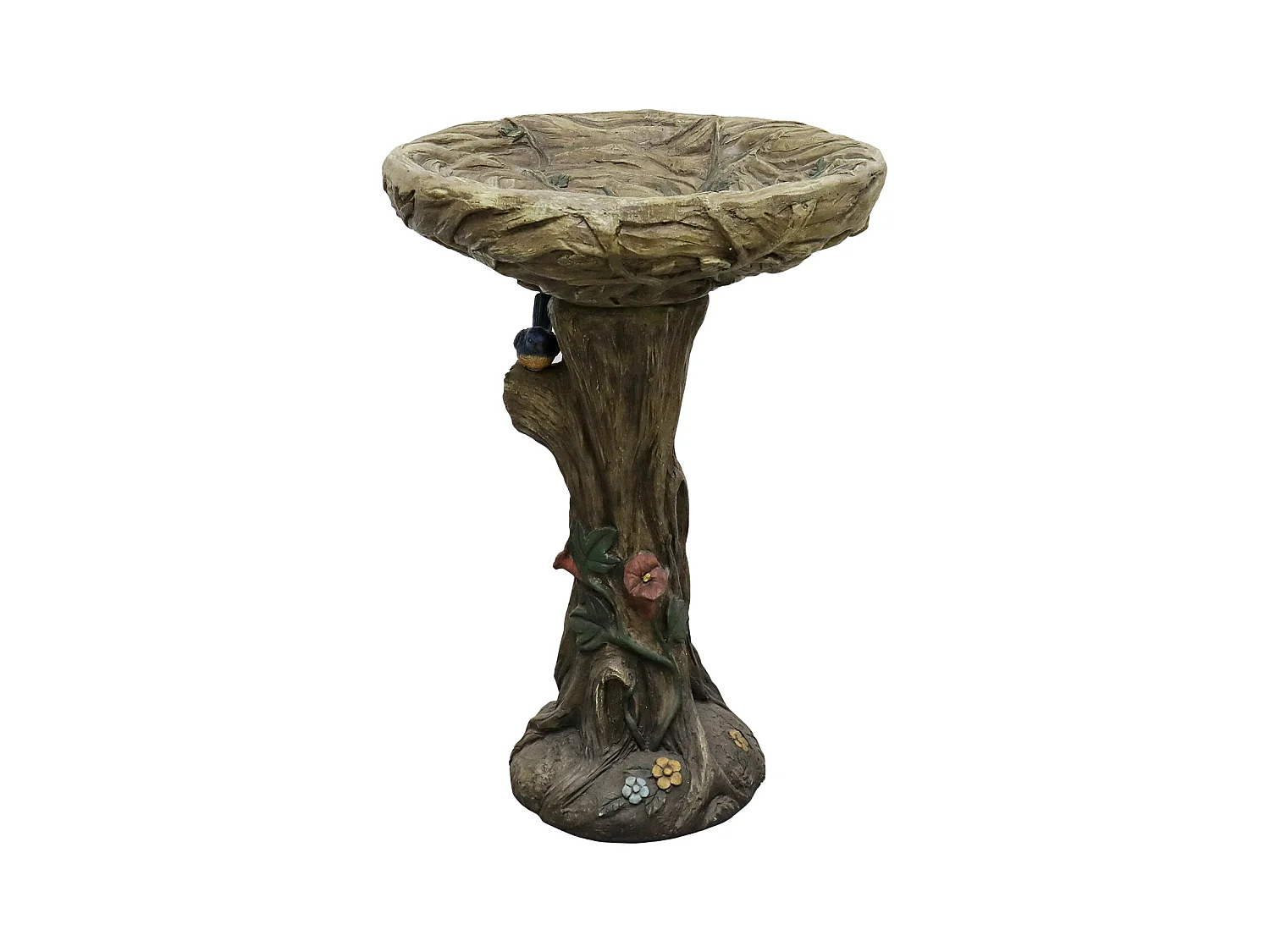 Fontaine à oiseaux en béton, design bois, avec oiseau décoratif (45.5x45.5x65 cm)