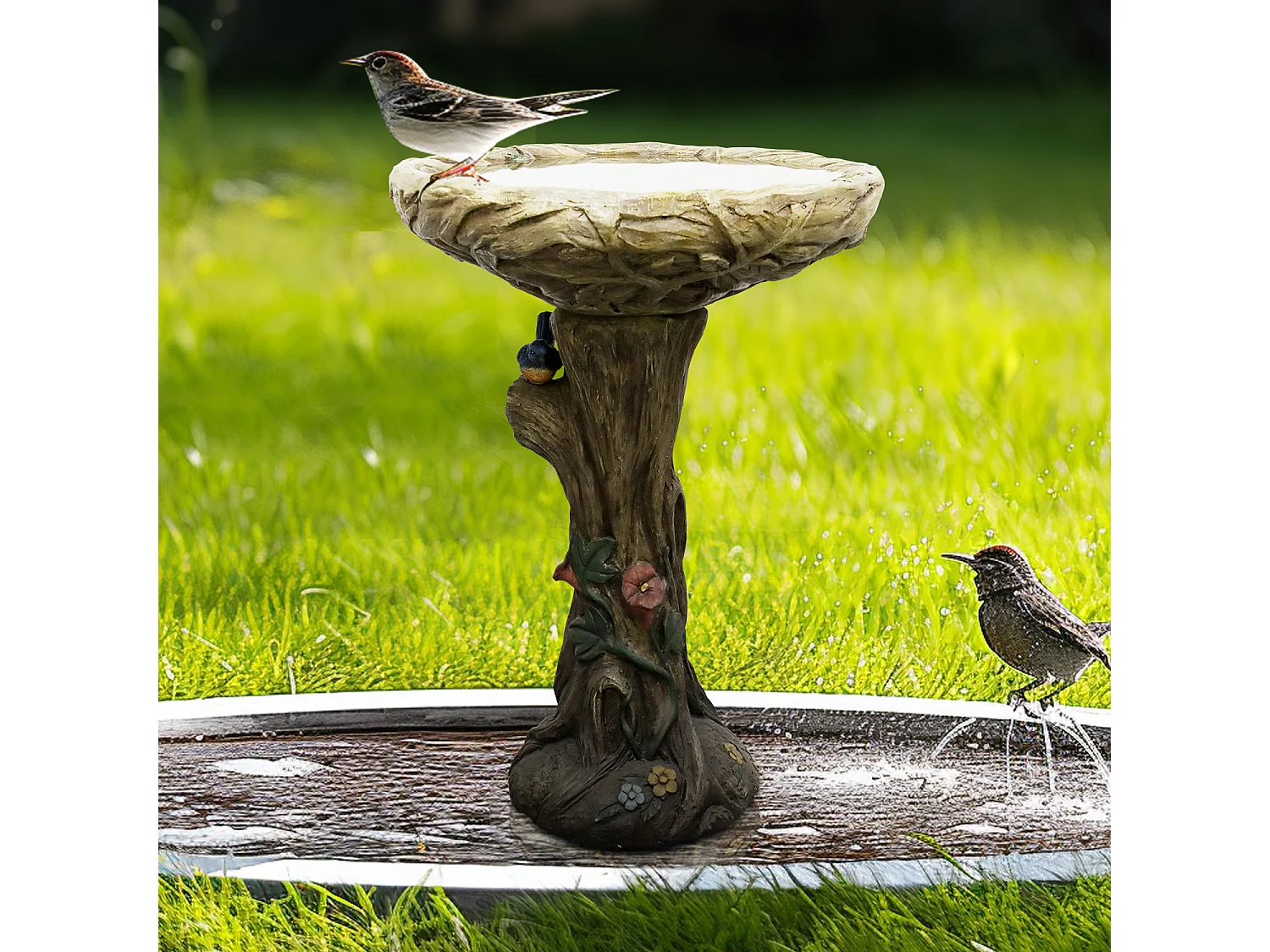 Fontaine à oiseaux en béton, design bois, avec oiseau décoratif (45.5x45.5x65 cm)