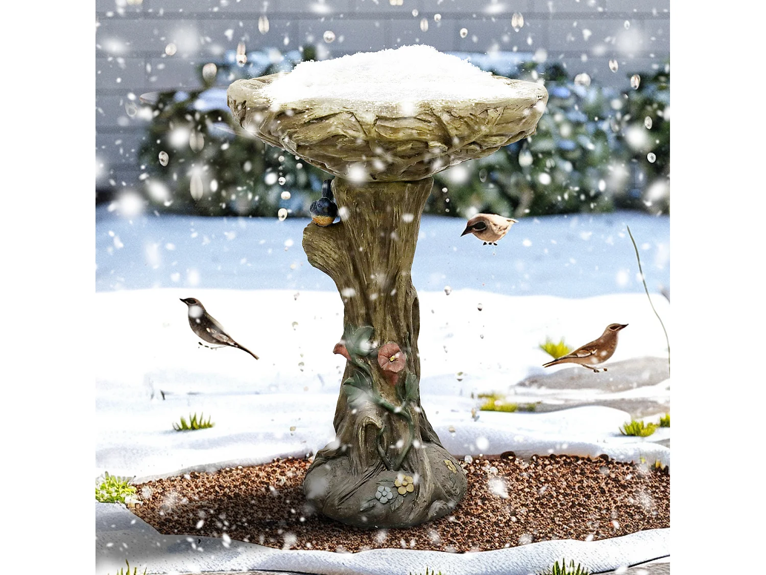 Fontaine à oiseaux en béton, design bois, avec oiseau décoratif (45.5x45.5x65 cm)