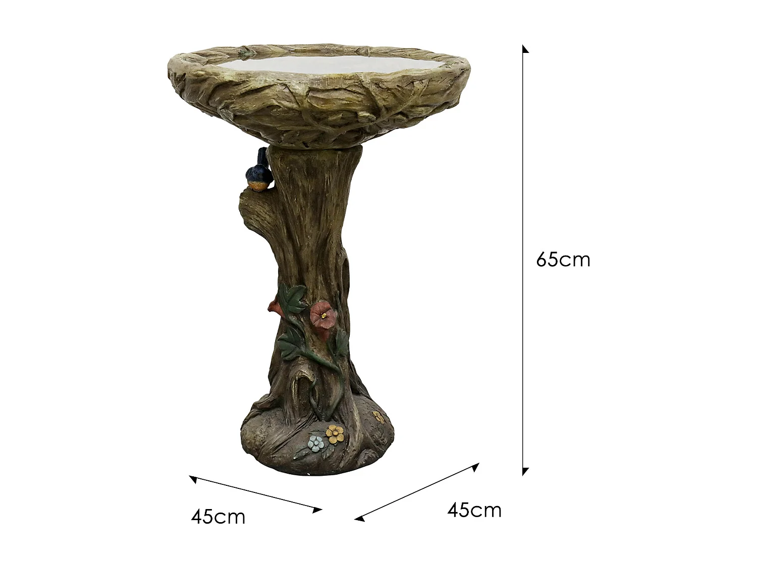 Fontaine à oiseaux en béton, design bois, avec oiseau décoratif (45.5x45.5x65 cm)