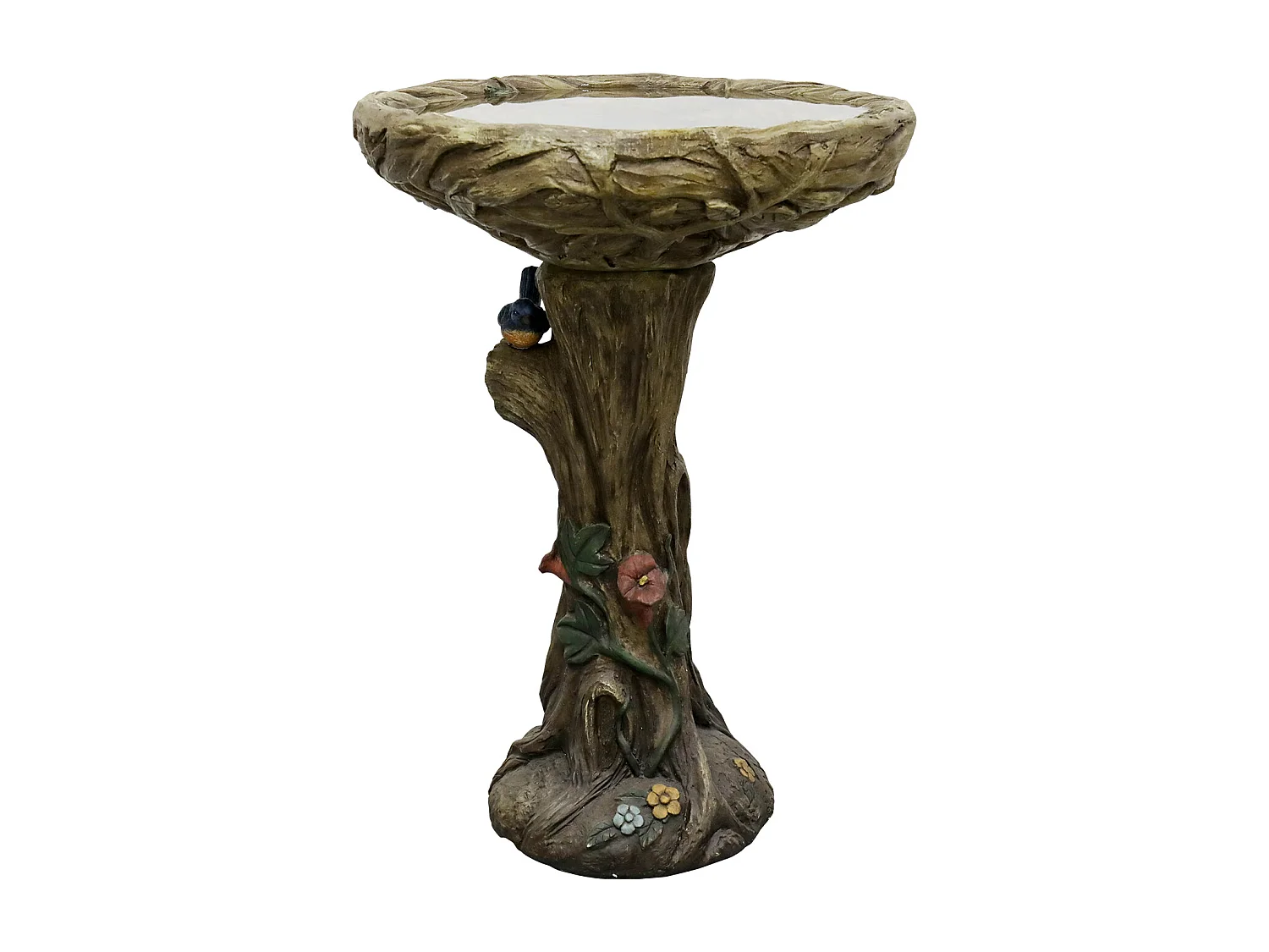 Fontaine à oiseaux en béton, design bois, avec oiseau décoratif (45.5x45.5x65 cm)