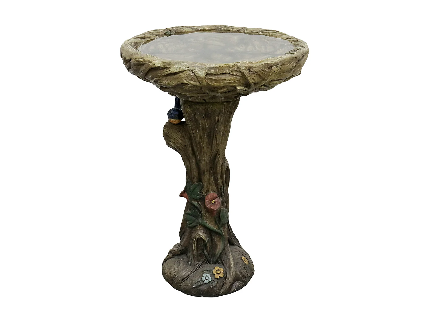 Fontaine à oiseaux en béton, design bois, avec oiseau décoratif (45.5x45.5x65 cm)