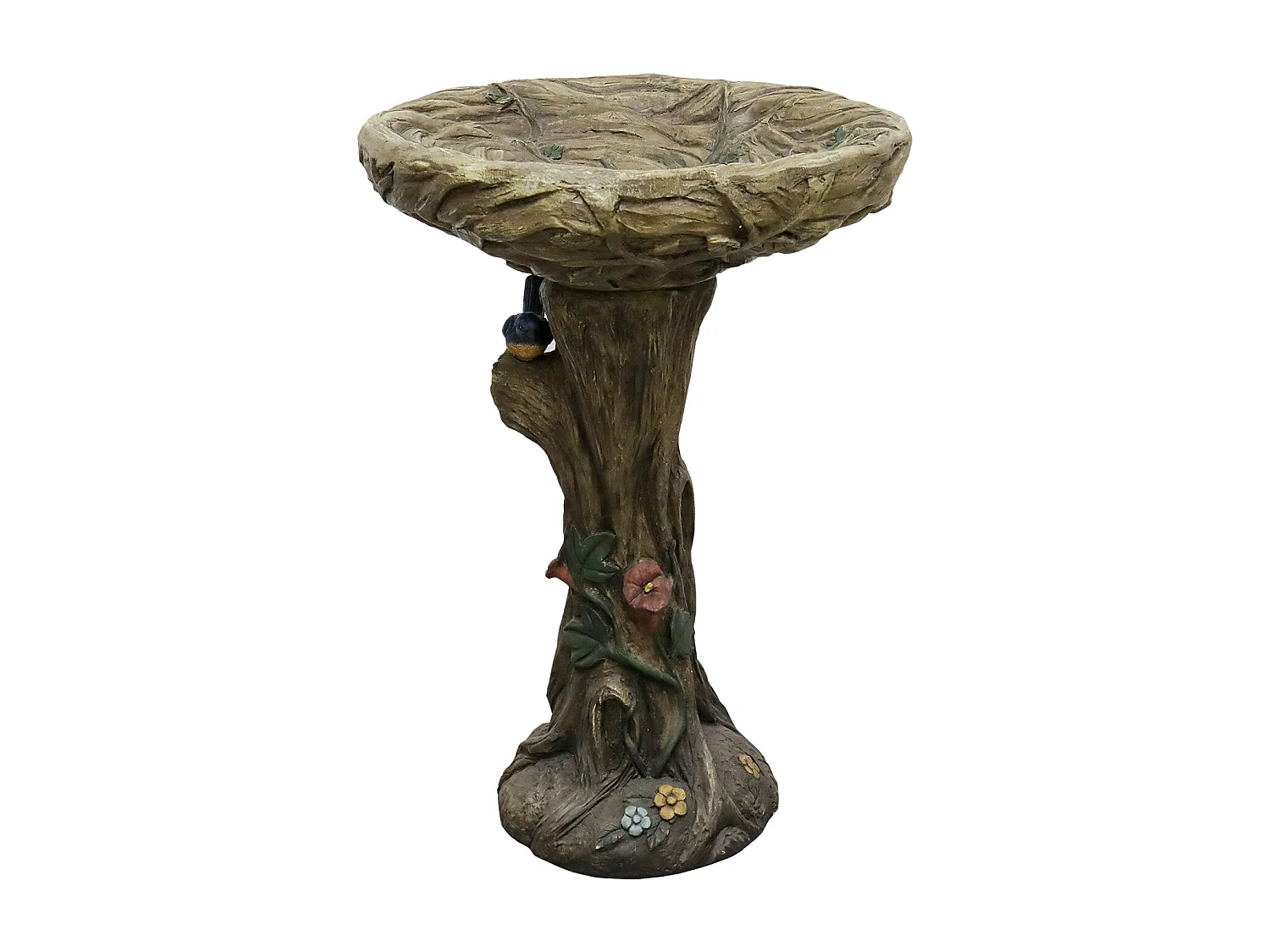 Fontaine à oiseaux en béton, design bois, avec oiseau décoratif (45.5x45.5x65 cm)