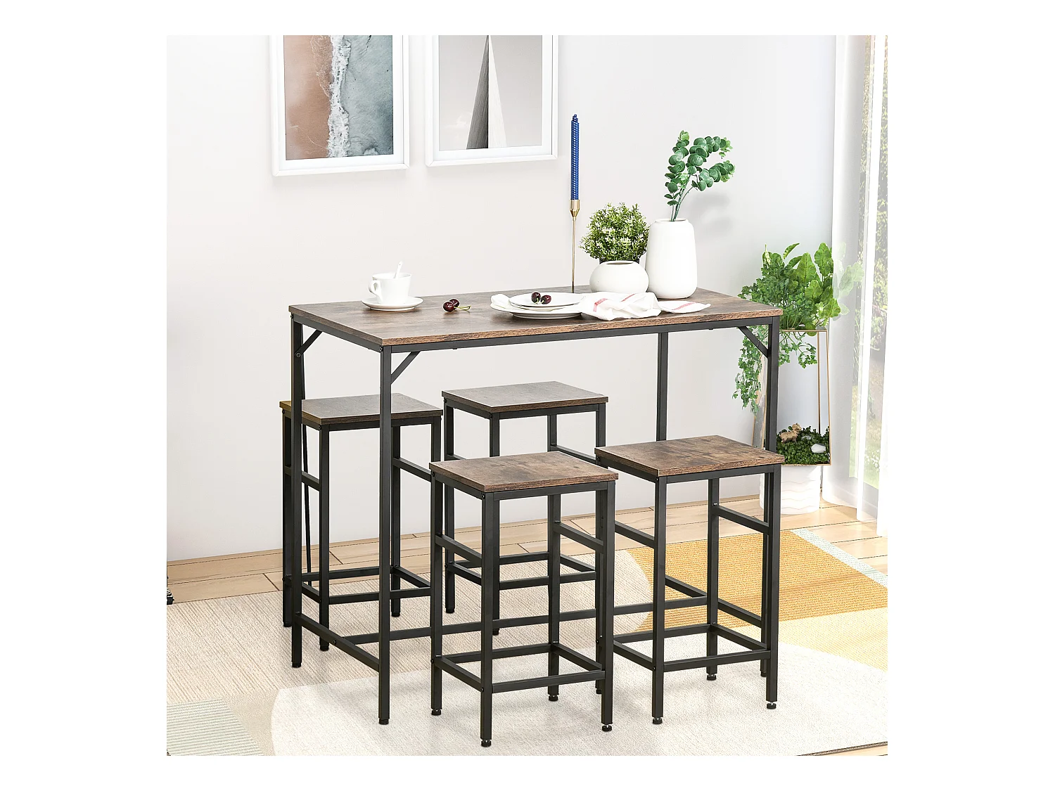 Set de table de bar avec 4 tabourets, design industriel, MDF et métal, marron/noir (100x60x88 cm)