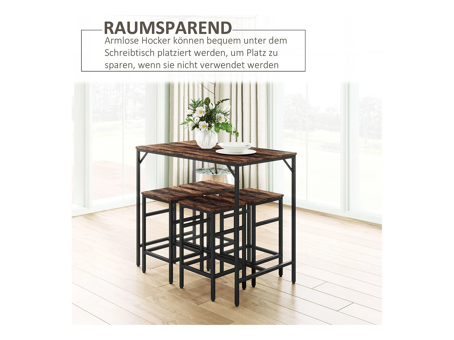 Set de table de bar avec 4 tabourets, design industriel, MDF et métal, marron/noir (100x60x88 cm)