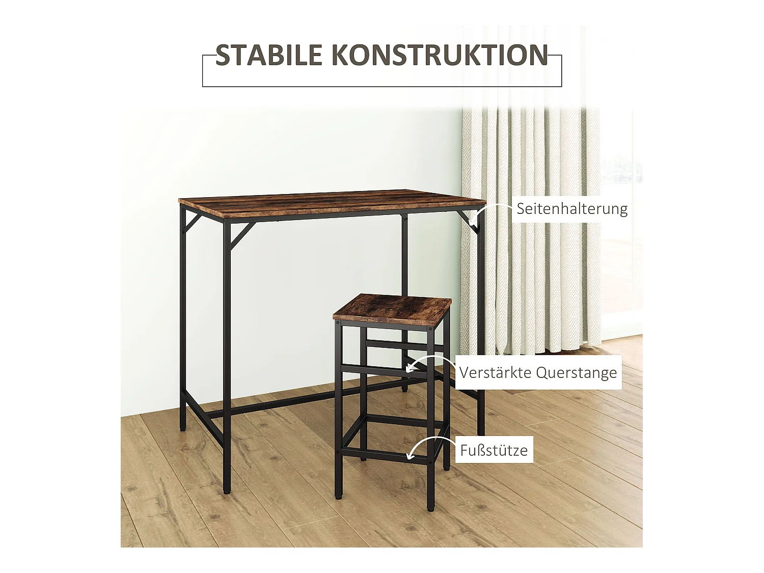 Set de table de bar avec 4 tabourets, design industriel, MDF et métal, marron/noir (100x60x88 cm)