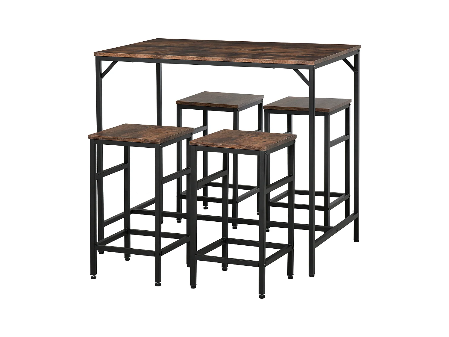 Bartafelset met 4 krukken, industrieel design, MDF en metaal, bruin/zwart (100x60x88 cm)