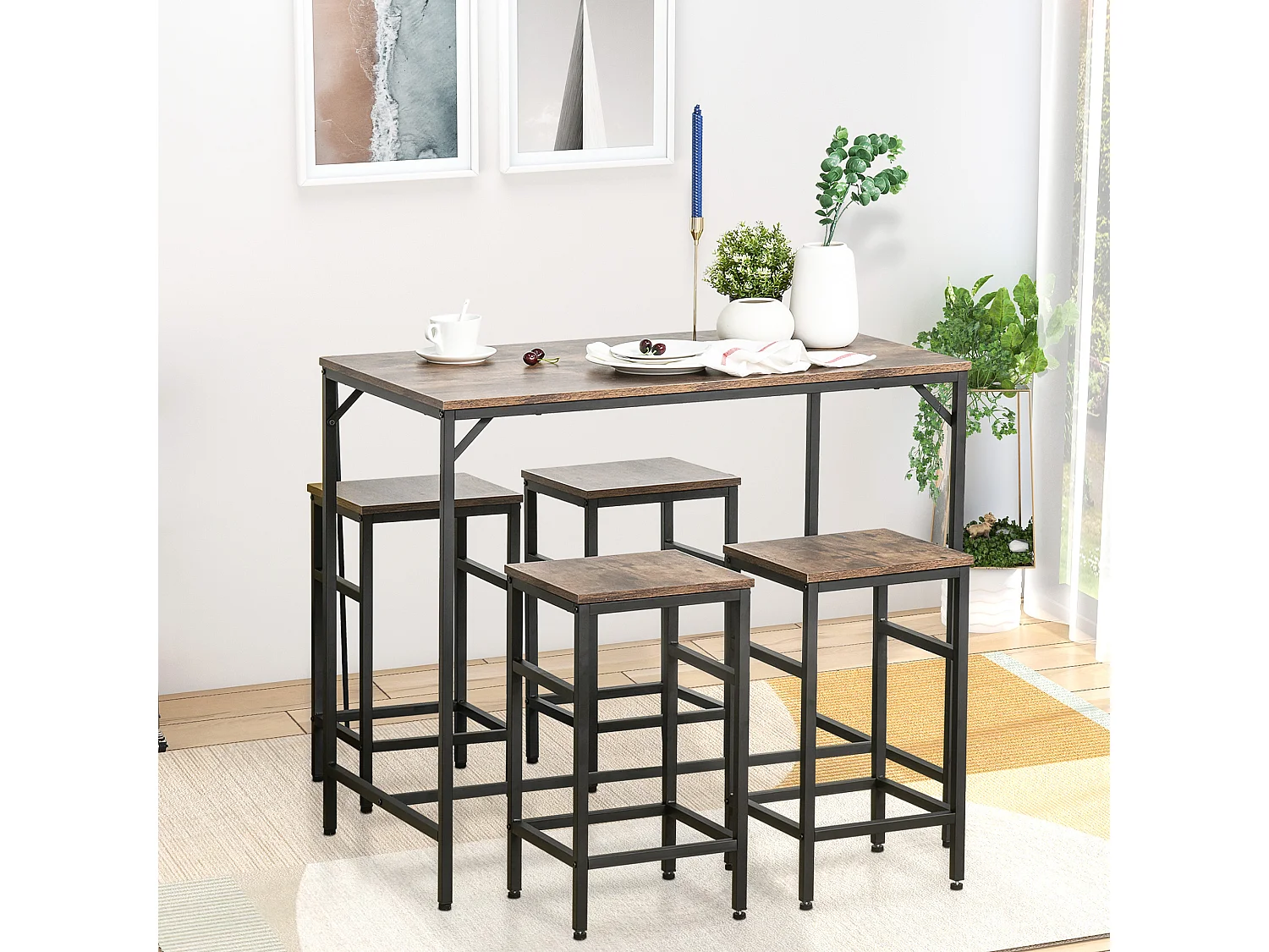 Set de table de bar avec 4 tabourets, design industriel, MDF et métal, marron/noir (100x60x88 cm)