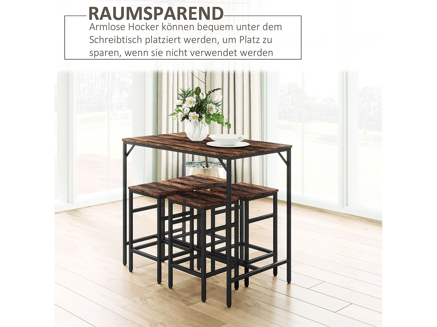 Set de table de bar avec 4 tabourets, design industriel, MDF et métal, marron/noir (100x60x88 cm)