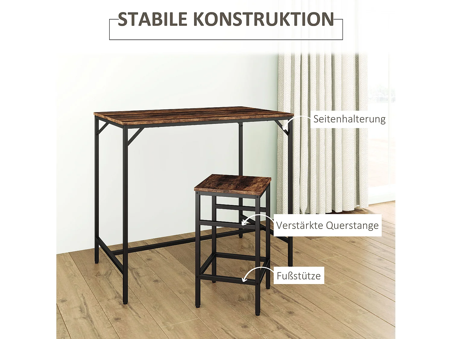 Set de table de bar avec 4 tabourets, design industriel, MDF et métal, marron/noir (100x60x88 cm)