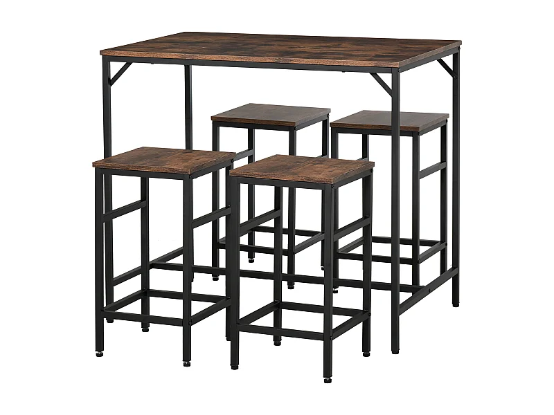Conjunto de mesa de bar con 4 taburetes, diseño industrial, MDF y metal, marrón/negro (100x60x88 cm)