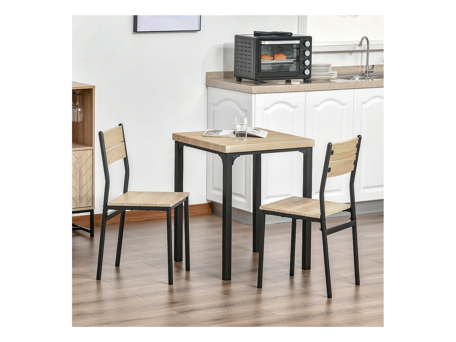 Ensemble table de cuisine avec 2 chaises, bois naturel et noir, MDF (60x60x76 cm)