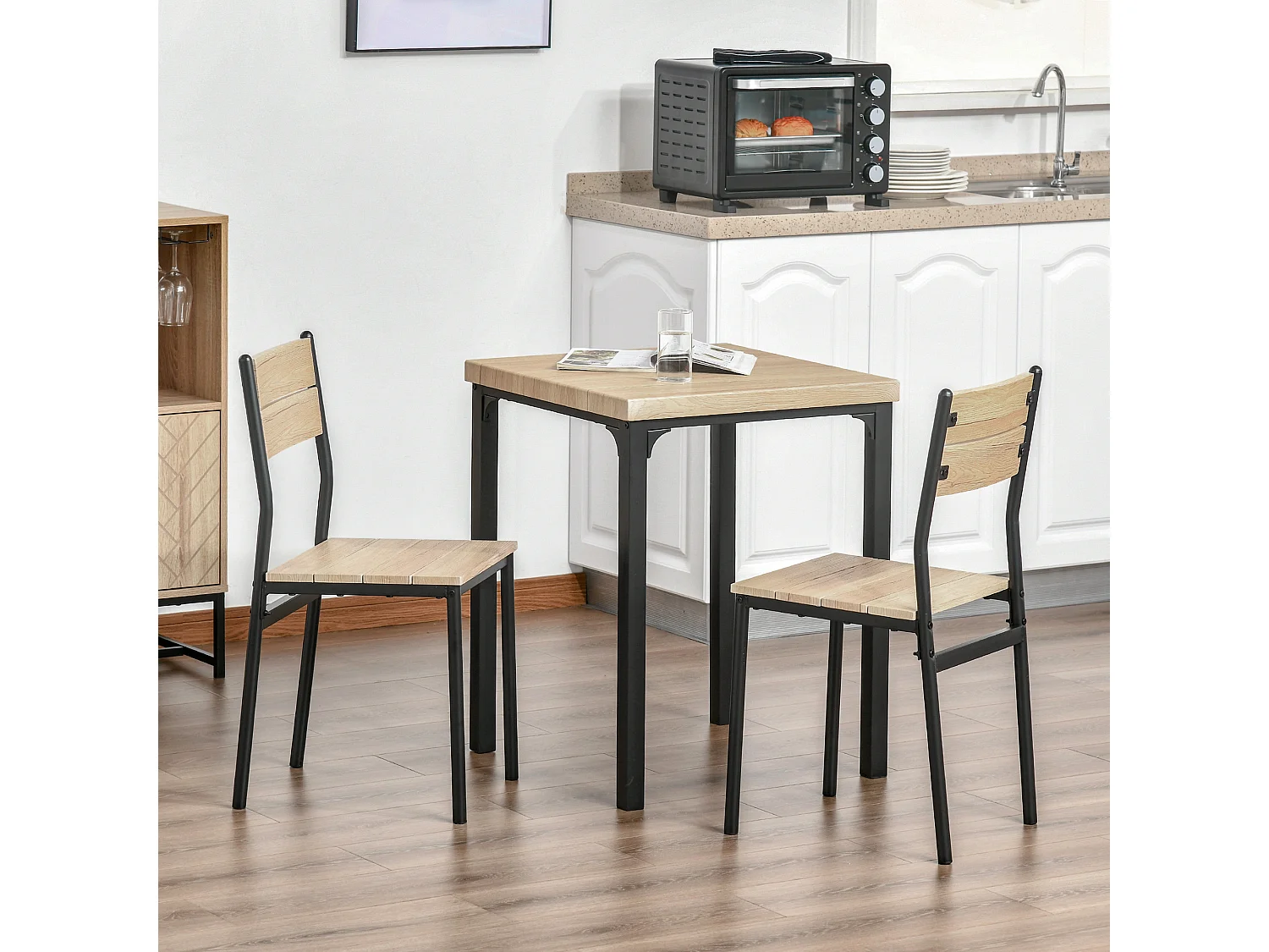 Ensemble table de cuisine avec 2 chaises, bois naturel et noir, MDF (60x60x76 cm)