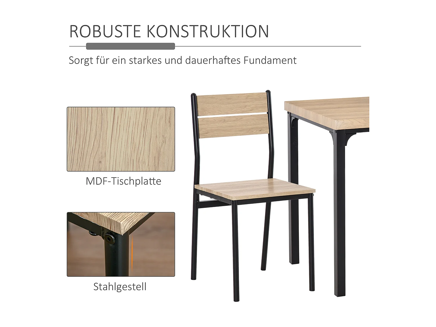 Ensemble table de cuisine avec 2 chaises, bois naturel et noir, MDF (60x60x76 cm)