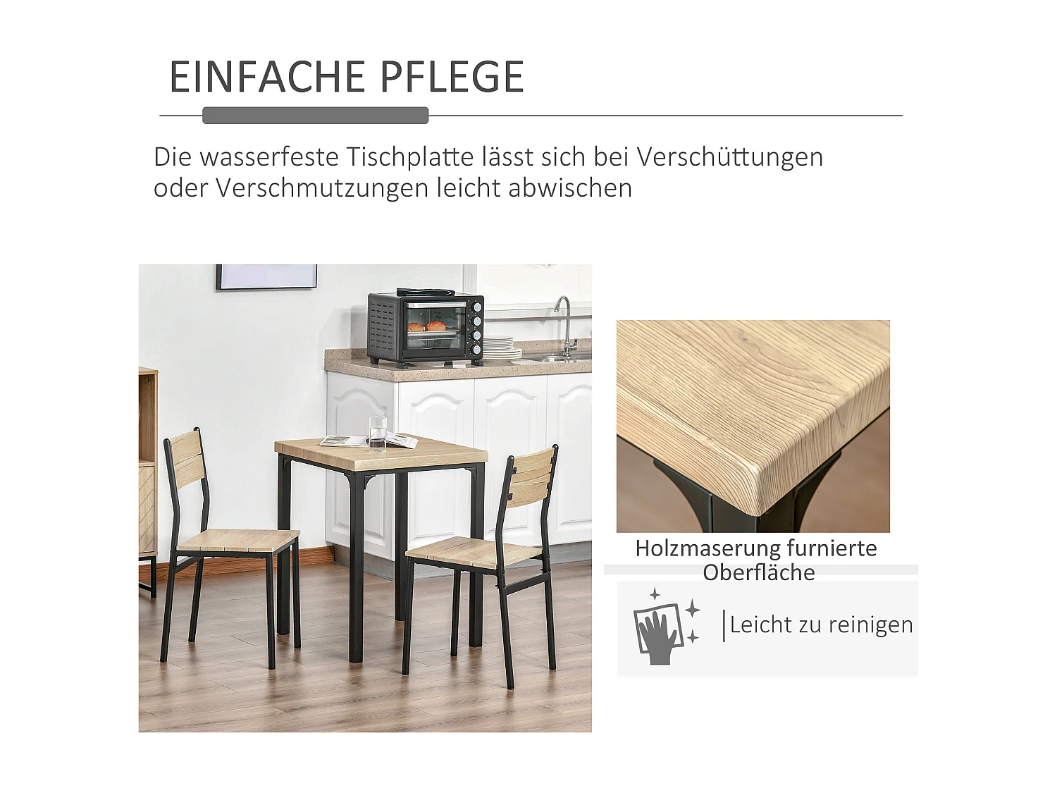 Ensemble table de cuisine avec 2 chaises, bois naturel et noir, MDF (60x60x76 cm)